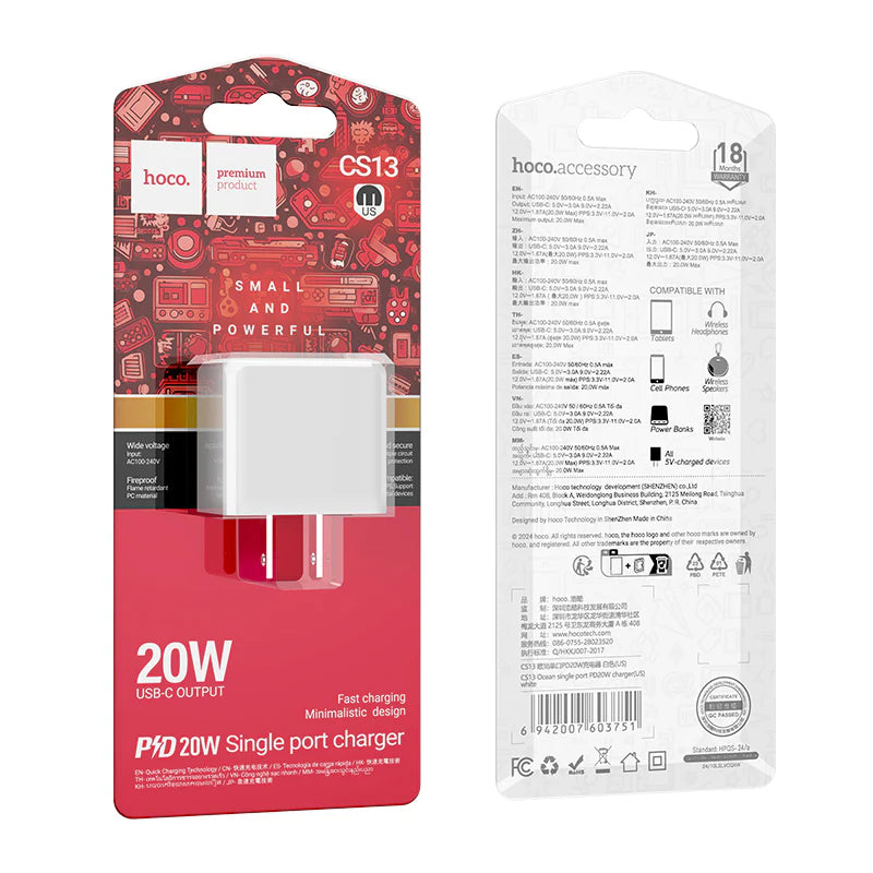 HOCO CS13 Single USB-C Port Fast Charger PD20W