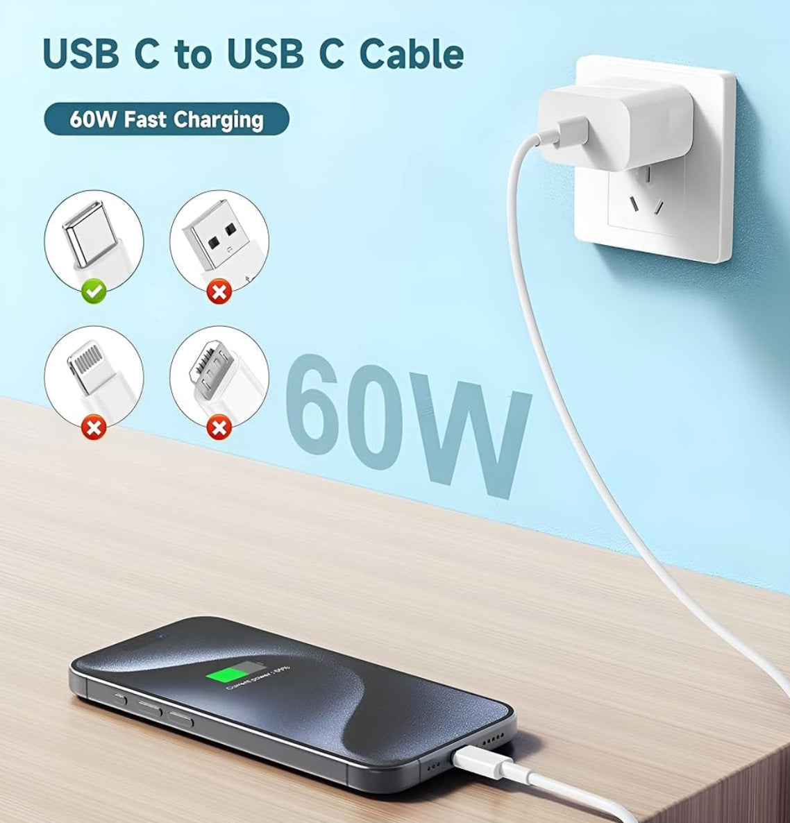 Type C to Type C Cable 60W - 2m / 6.6ft